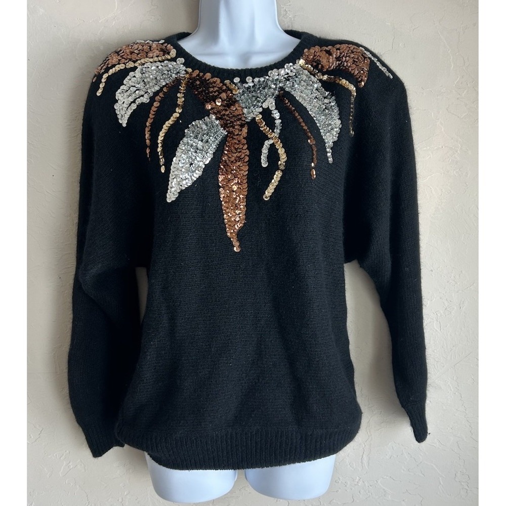 Vintage Donagain Pullover Silk Angora Wool Knit Sweater‎ L Sequin Glam Black